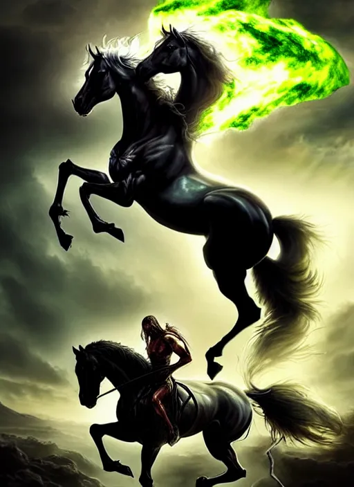 Image similar to the singular horseman of the apocalypse is riding a strong fierce ferocious rabid undead green stallion, horse is up on its hind legs, the strong male rider is death with a scithe, beautiful artwork by artgerm and rutkowski, breathtaking, dramatic, full view