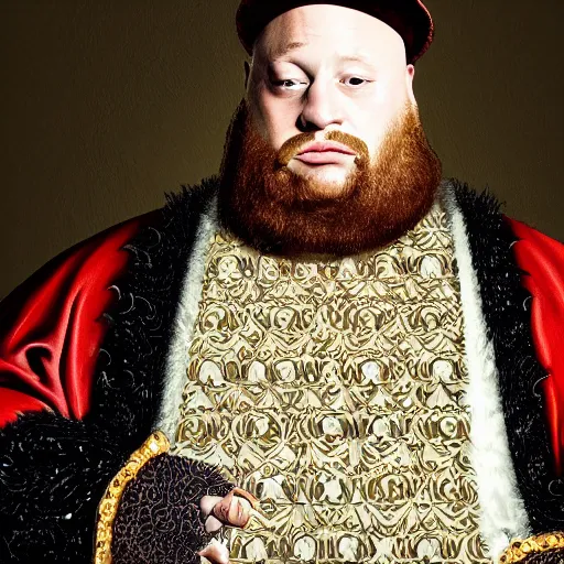 Image similar to action bronson, portrait, action bronson as king henry viii, regal, king, stately, painting