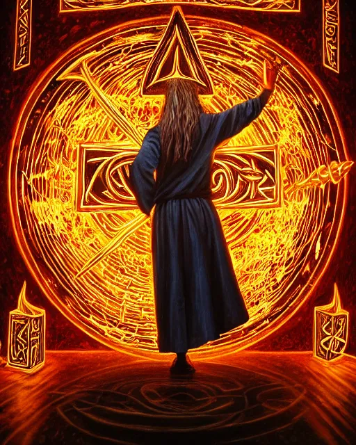 Prompt: photorealist painting of mage reciting an incantation and standing on glowing runes in the middle of dark room, high production value, intricate details, high resolution, hyperrealistic, hdr, high definition, masterpiece, ultra realistic, highly detailed, hd, sharp focus, non blurry, sharp, smooth