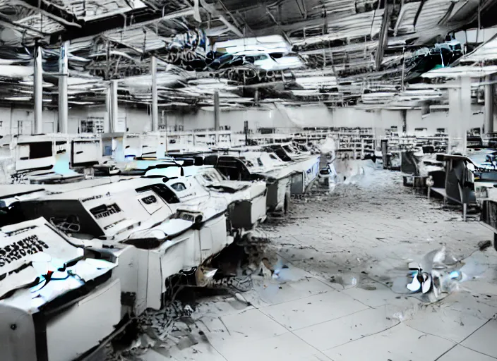 Image similar to data processing plant, with retro matrix printers rapidly printing sheets of paper overflowing onto the floor. 2000s computer ad style picture in high contrast color