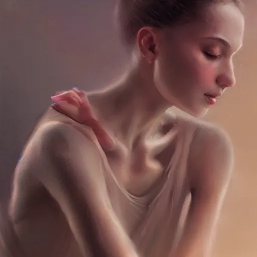 Image similar to beautiful aesthetic inspirational digital oil painting of a close - up ballerina, by greg rutkowski, ultra detailed, fine details, trending on artstation, volumetric light.