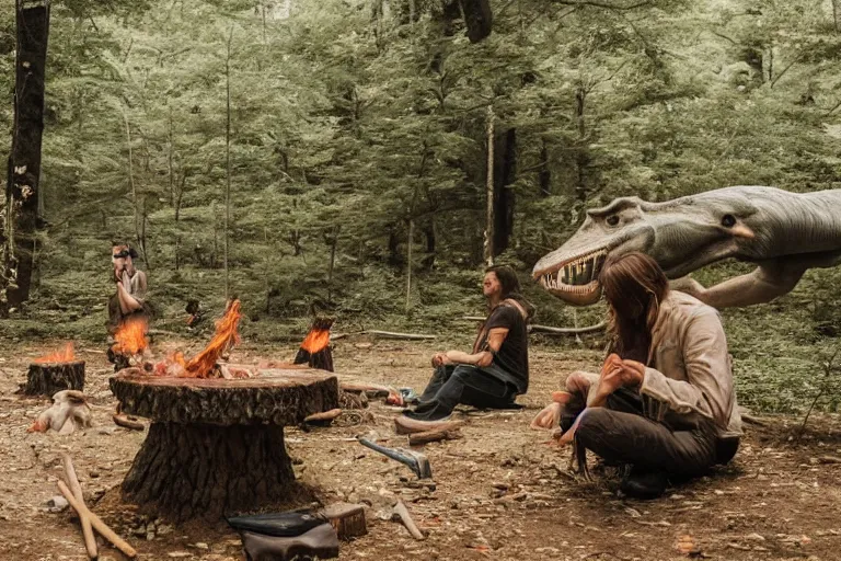 Image similar to 2 4 mm leica anamorphic lens, photo, hyper detailed, neanderthal people eating sushi, surrounded by dinosaurs!, gigantic forest trees, sitting on rocks, bonfire, close up camera on bonfire level