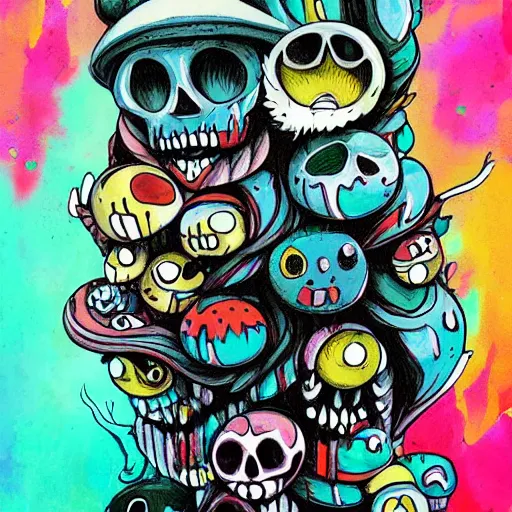 Prompt: drippy, dripping paint, skull, trippy, Miyazaki style, studio ghibli, exaggerated accents