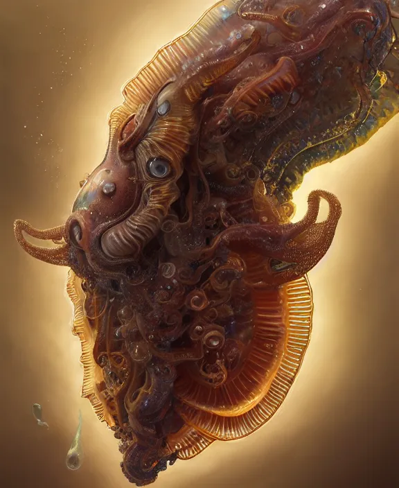 Image similar to intricate transparent portrait of a terrifying beautiful alien sea slug, horns, mottled coloring, adorable, childlike, anxiety environment, ultra realistic, concept art, art nouveau, photorealistic, octane render, 8 k, unreal engine. art by christopher marley and artgerm and greg rutkowski and alphonse mucha