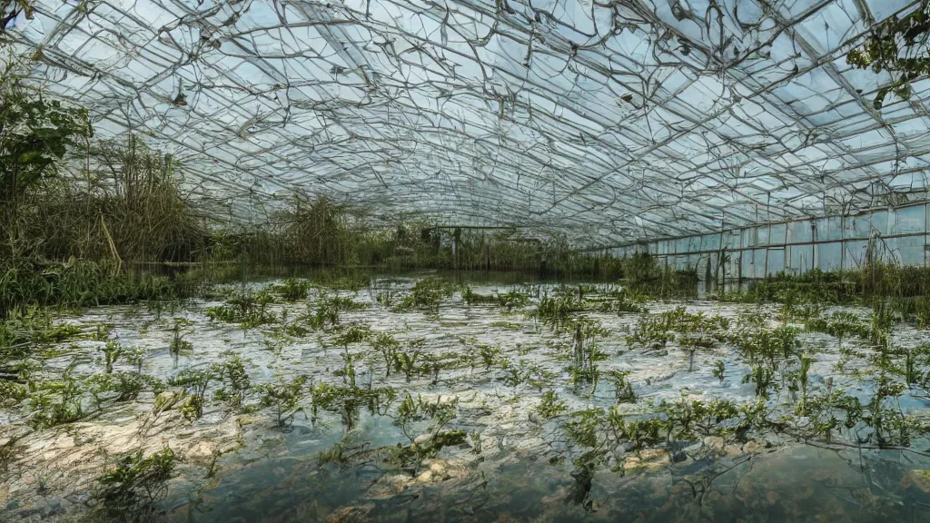Prompt: exploring an abandoned flooded greenhouse, submerged in lake with aquatic life, hyperrealistic, ambient lighting highly detailed, 4 k hd