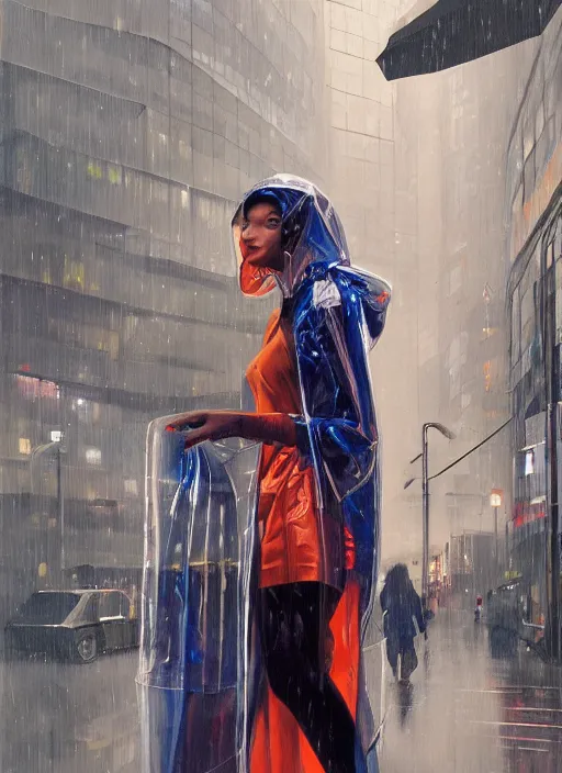 Image similar to a realistic portrait of a beautiful woman wearing a futuristic transparent raincoat with hoodie in a dystopian city, raining, by syd mead