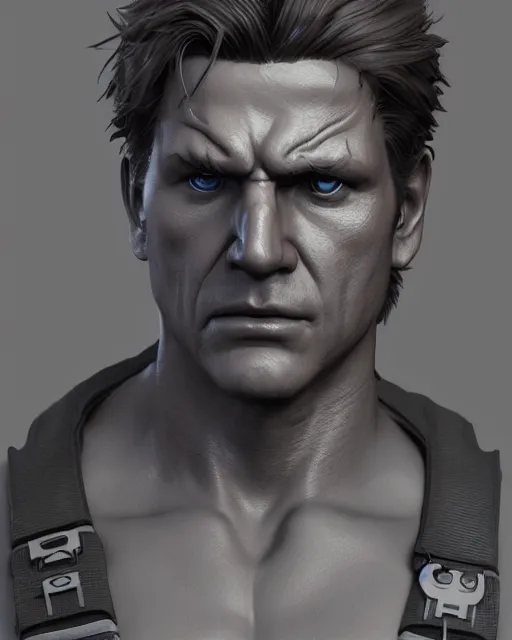 Prompt: solid snake bust portrait, cinematic lighting, backlit face, tired expression, close - up, black atmospheric background, 4 k ultra detailed photorealistic render, best of artstation hdr, redshift houdini