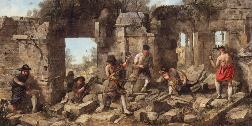 Prompt: painting of bandits hiding among the ruins of a roman fort