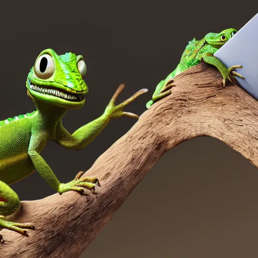Image similar to a lizard using a computer, pixar,