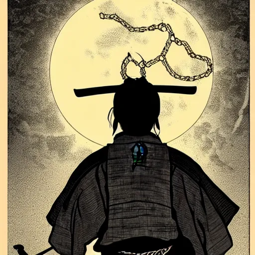 Image similar to A PORTRAIT FROM BEHIND OF A SAMURAI MAN VAGABOND WITH A MOON BEHIND HIM ,THE SAMURAI IS WRAPPED IN CHAINS ,detailed, concept art, ink style , sketch