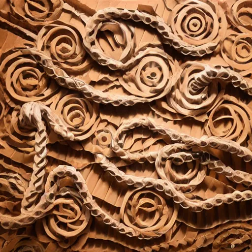 Image similar to tentacles made of brown corrugated cardboard, cut out of cardboard, realistic photography, fantasy