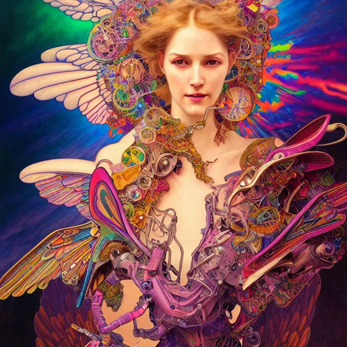 Image similar to bright psychedelic portrait of organic skydiving cyborg with wings, diffuse lighting, fantasy, intricate, elegant, highly detailed, lifelike, photorealistic, digital painting, artstation, illustration, concept art, smooth, sharp focus, art by John Collier and Albert Aublet and Krenz Cushart and Artem Demura and Alphonse Mucha