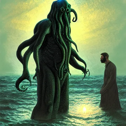 Image similar to Cthulhu emerging from the water while a man stands on the shore watching at night by Marc Simonetti