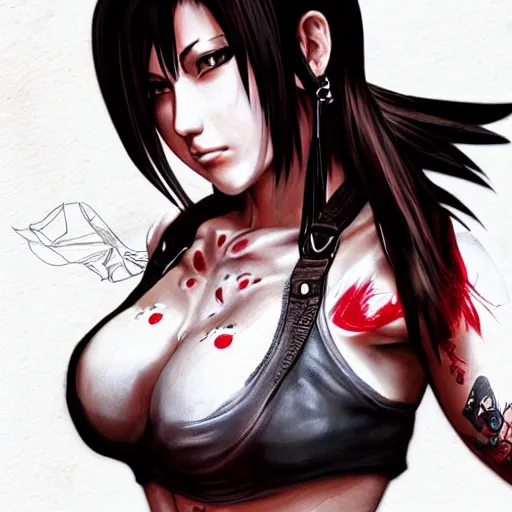 Prompt: detailed artwork of tifa lockhart with tattoos, featured on artstation