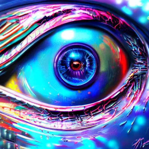 Image similar to Cybernetic Eye with intricate reflections, Close up, colorful, fantasy, vivid colors, concept art, sharp focus, digital art, Hyper-realistic, 4K, Unreal Engine, Highly Detailed, HD, Dramatic Lighting by Brom, trending on Artstation