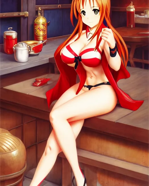 Image similar to pinup photo of asuna from sao in the crowded tavern, hot asuna by a - 1 pictures, gil elvgren, james jean, enoch bolles, glossy skin, pearlescent, anime, very coherent, sao style anime, flat