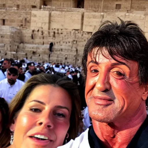 Prompt: photo realistic, selfie of sylvester stallone at the kotel at sunset