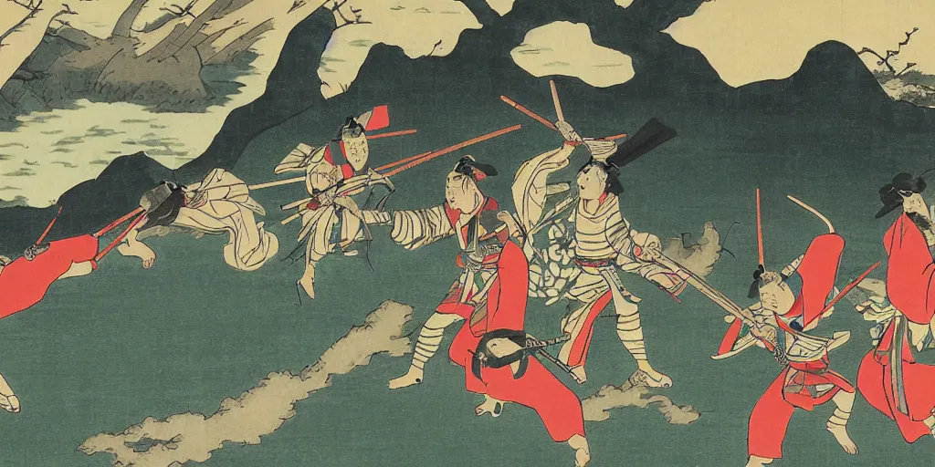 Prompt: ukiyo - e style painting of heavily armored samurai fighting in fierce battle in a beautiful forest, by tullio crali