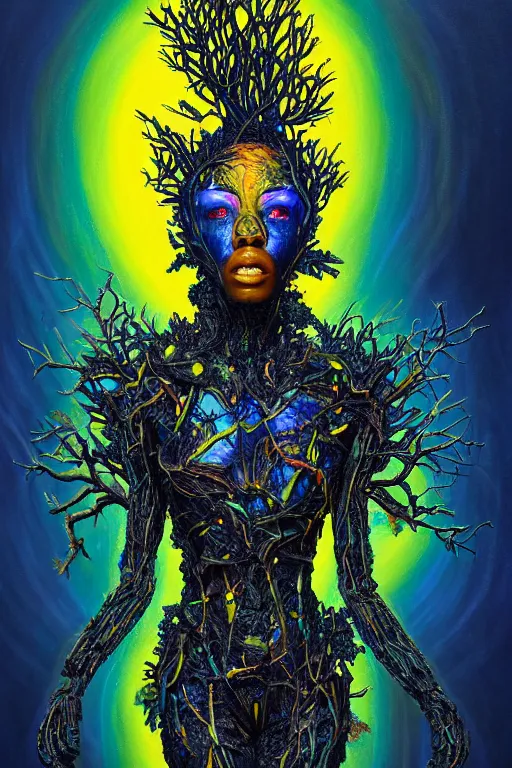 Image similar to hyperrealistic deconstructed super expressive! black woman with exoskeleton armor, merging with tree in a forest, highly detailed digital painting masterpiece smooth robert steven connett hannah yata dramatic pearlescent blue yellow light ground angle hd 8k sharp focus