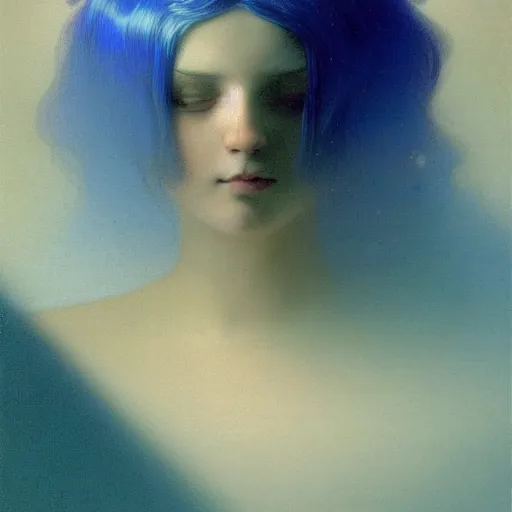 Image similar to a young woman's face, her hair is white and she wears a cobalt blue satin cloak, by ivan aivazovsky and syd mead and moebius and gaston bussiere and roger dean and pieter claesz and paul delaroche and alma tadema and aelbert cuyp and gabriel metsu, hyperrealistic, volumetric light, octane render