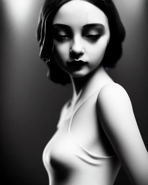 Image similar to tintype black and white dreamy young beautiful female artificial intelligence, metropolis, cinematic, rim light, bokeh, photo - realistic, elegant, high detail, 8 k, masterpiece, photo taken in 1 9 3 0