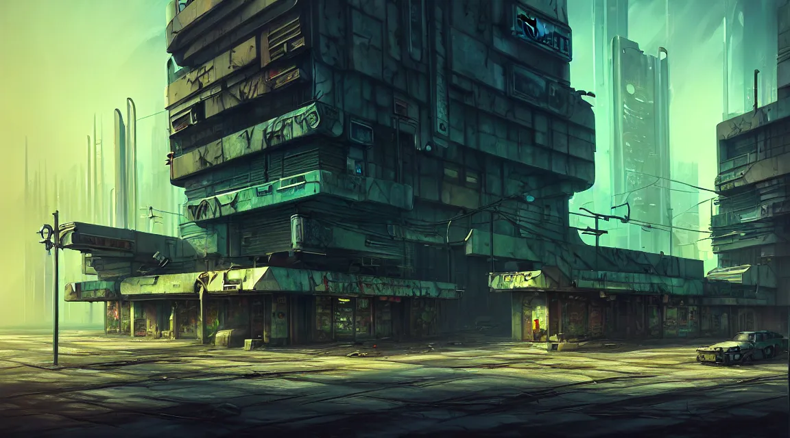 Image similar to post apocalyptic cyberpunk police station, building, avenue, urban architecture, americana architecture, concrete architecture, cloudy sky, paved roads, by boris vallejo trending on artstation, photorealistic, wild vegetation, utopian, futuristic, blade runner, neon signs, sharp, clear, focus