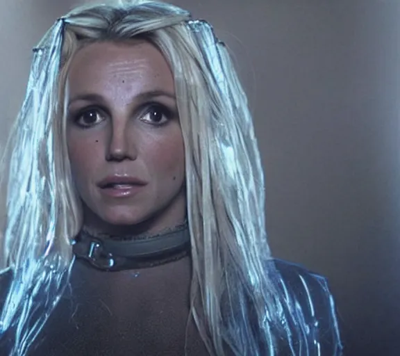 Image similar to a movie still of britney spears as a chained up prisoner in the movie star wars