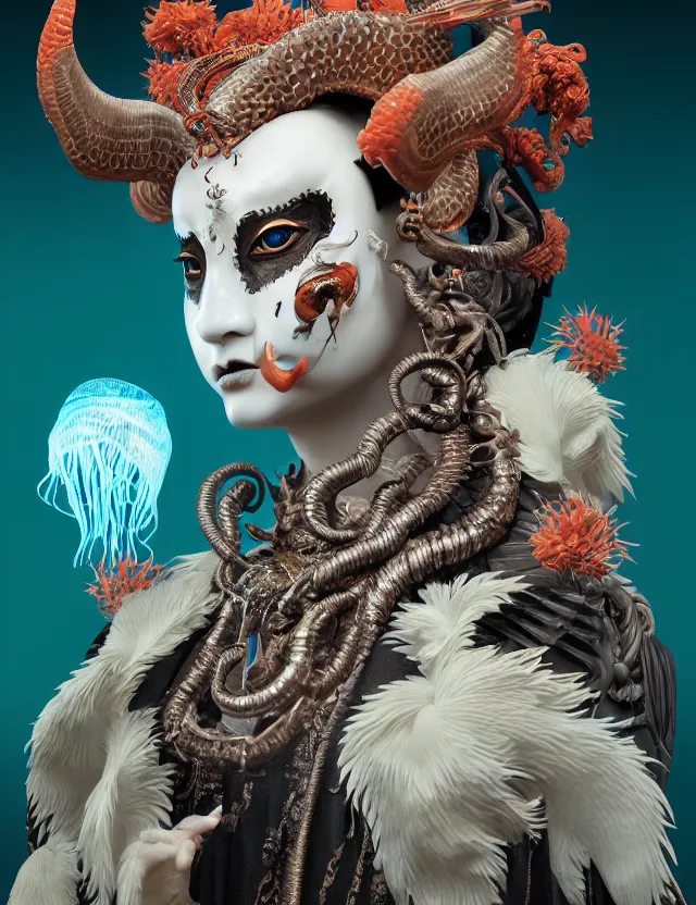 Image similar to 3 d goddess of hell close - up profile portrait with ram skull. beautiful intricately detailed japanese crow kitsune mask and clasical japanese kimono. betta fish, jellyfish phoenix, bio luminescent, plasma, ice, water, wind, creature, artwork by tooth wu and wlop and beeple and greg rutkowski