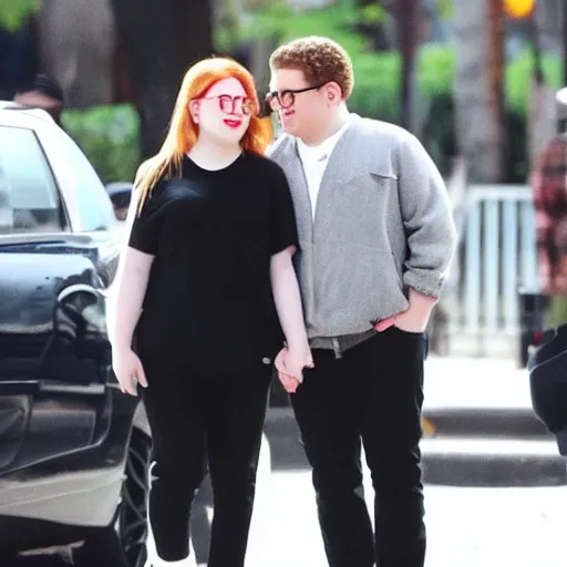 Image similar to Jonah Hill holding hands with Dahyun. Dahyun is so pretty. Jonah Hill is so handsome. They're So SO SO in love. They look cute together and really want to kiss. paparazzi photo.