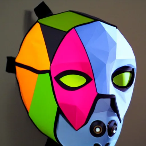 Image similar to majoras mask as a realistic wearable mask. polygonal. very colorful.