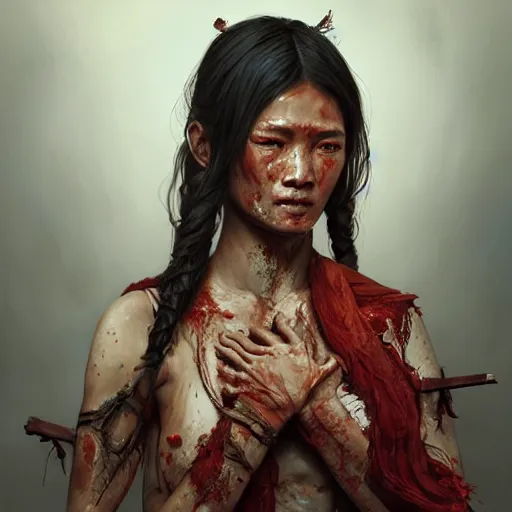 Image similar to portrait painting of a bloodied nepali female butcher, ultra realistic, concept art, intricate details, eerie, highly detailed, photorealistic, octane render, 8 k, unreal engine. art by artgerm and greg rutkowski and alphonse mucha