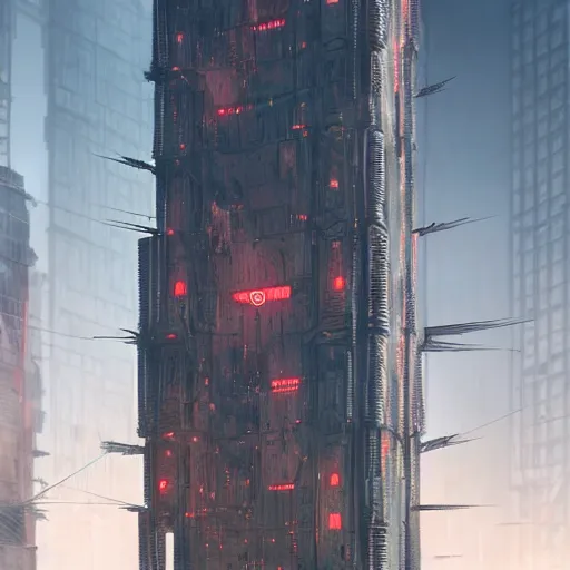 Prompt: A professional digital painting of monumental vertical building with spikes, by Greg Rutkowski and James Gurney, trending on Artstation, deviantart, sci-fi, cyberpunk, futuristic, ultra detail, octane render