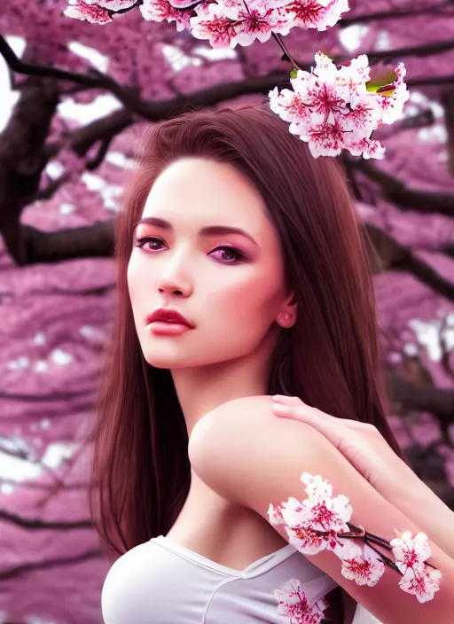 Image similar to photo of a gorgeous female in the style of stefan kostic, realistic, half body shot, sharp focus, 8 k high definition, insanely detailed, intricate, elegant, art by stanley lau and artgerm, extreme blur cherry blossoms background