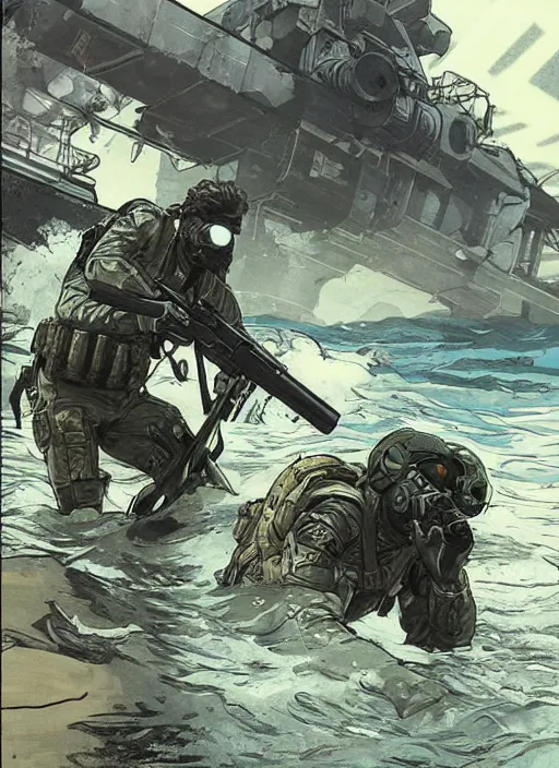 Prompt: solid snake. USN blackops operator emerging from water at the shoreline. Operator wearing Futuristic cyberpunk tactical wetsuit and looking at an abandoned shipyard. Frogtrooper. rb6s, MGS, and splinter cell Concept art by James Gurney, Alphonso Mucha. Vivid color scheme.