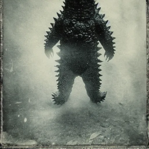 Prompt: tintype photo, underwater, Godzilla