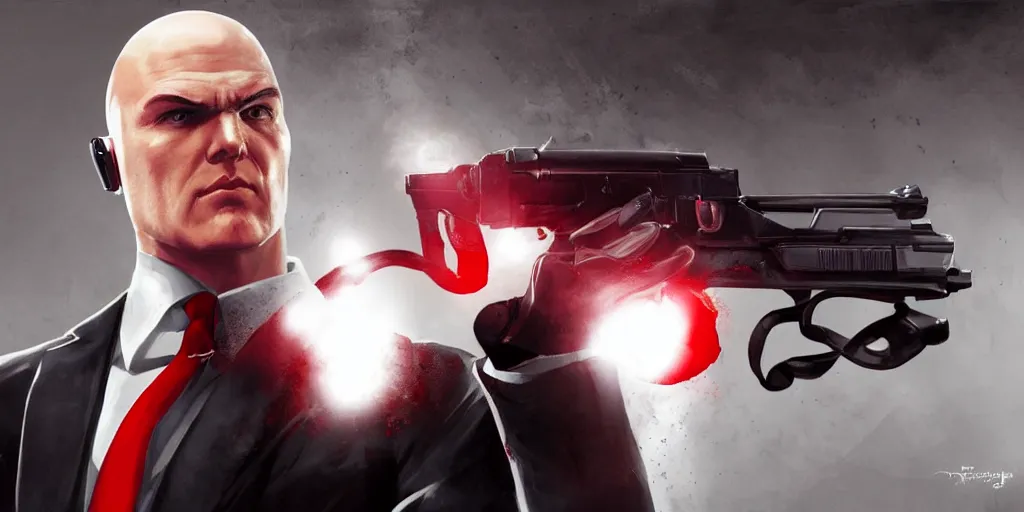 Image similar to a portrait of agent 4 7 from hitman wearing large headphones while pointing a silenced silver handgun, dark background, red rim light, smooth, sharp focus, art by irina french