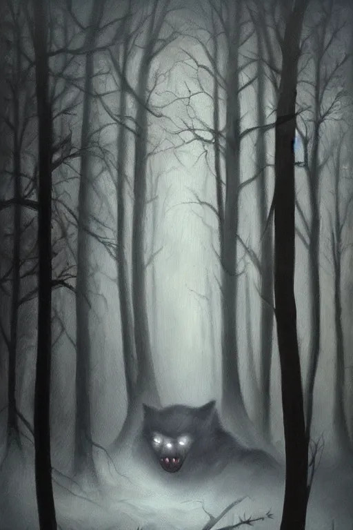 Image similar to dark and spooky woods featuring a menacing werewolf with glowing white eyes. atmospheric, foggy, oil painting on canvas. fairytale