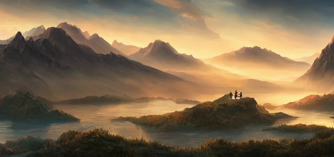 Image similar to vast beautiful landscape, color palette, wide angle, panoramic, distant mountains, lake, painting, magic the gathering, intricately detailed, award winning, artstation award, color scheme, fantasy, concept art