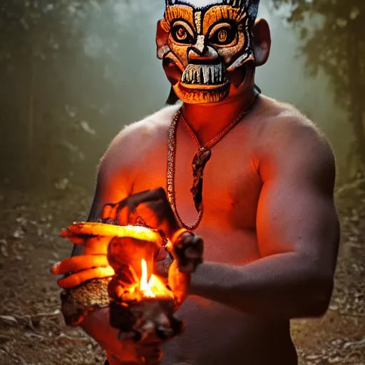 Image similar to an aztec monk with a monster mask is holding mushrooms in one hand, fire as the light source, close-up photography, dramatic scene