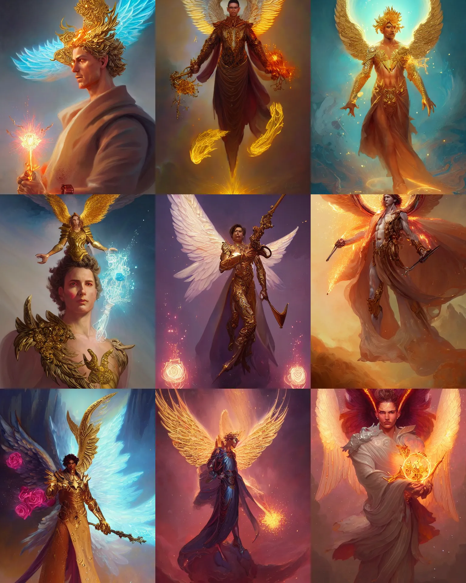 Prompt: character portrait of a male angel of justice with golden fiery wings, surrounded with spiriling sparkling rose crystals by peter mohrbacher, mark brooks, jim burns, marina abramovic, wadim kashin, greg rutkowski, trending on artstation