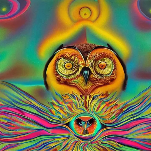 Prompt: the wisest of all owls, psychedelic, salvador dali, trending on artstation, surreal