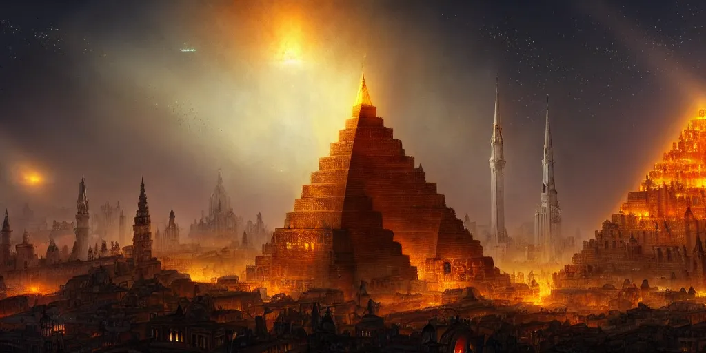 Image similar to magical city of the Great Tartarian Empire adorned with amazing lost technology, lighting resembling fireflies, spires from rooftops collecting and distributing etheric energy, the centerpiece of the city is a colossal ancient pyramid made of metal, cityscape, combining intense detail & utmost quality, Christian Hecker, Artstation, - H 832