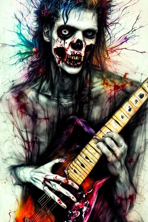 Prompt: zombie punk rocker playing guitar by agnes cecile, brian froud, intricated details, 3 / 4 view, full body portrait, extremely luminous bright design, horror, pastel colours, toxic drips, autumn lights