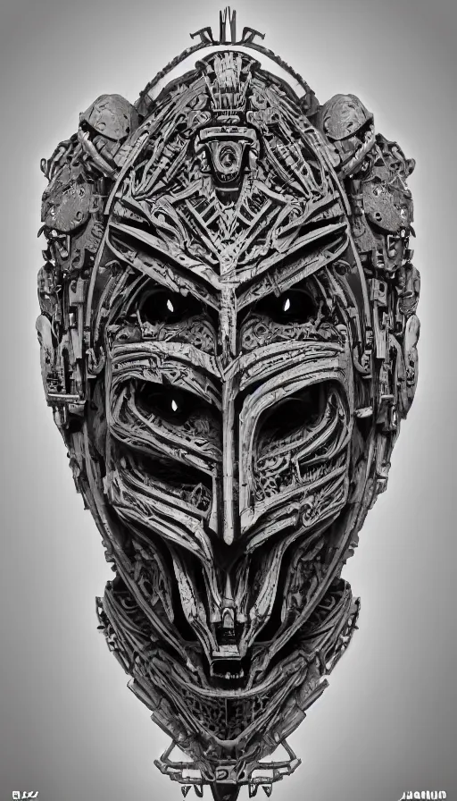 Image similar to ancient biomechanical hybrid aztec fantasy beautiful cyber warrior symmetrical human face immortal mask tattoo pattern concept, teonanacatl glyph, intricate artwork by, Johnatan Wayshak, Zdizslaw Beksinski, face by Artgerm, H.R. Giger, very coherent artwork, cinematic, hyper realism, high detail, octane render, unreal engine, 8k, High contrast, higly detailed black ink outline, crosshatch sketch gradient