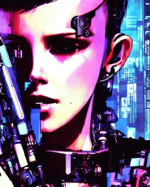 Image similar to cyberpunk millie bobby brown as a robot by yoji shinkawa