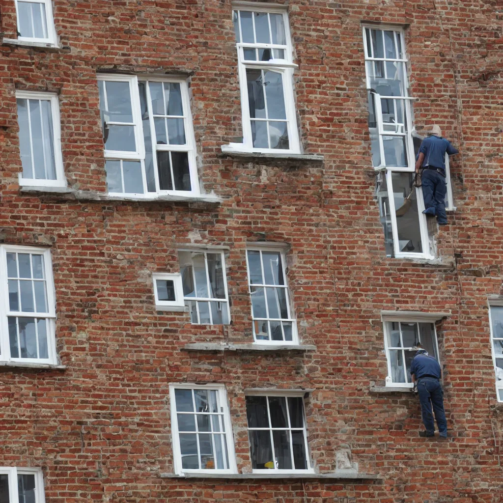 Image similar to many builders inspecting and discussing sash window