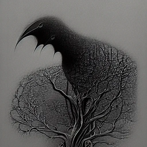 Prompt: artistic drawing of a fractal crow, made of engrenage by zdzisław beksinski, symbolist, visionary, detailed, realistic, surreality