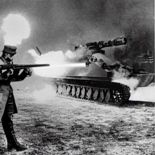 Prompt: Harrison Armory Sherman firing a laser rifle