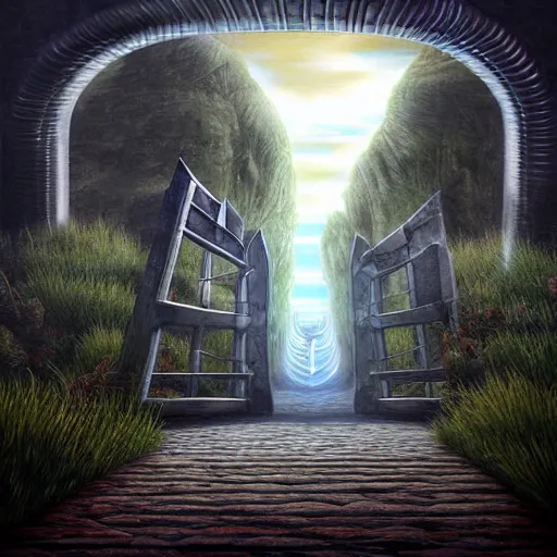 Prompt: surreal painting of a dimensional gateway leading into a 3d rendered surreal landscape environment by ferjo