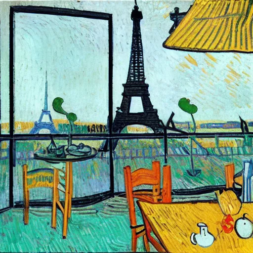 Image similar to a rabbit drinking milk in a paris cafe, eiffel tower visible in the background, in the style of van gogh